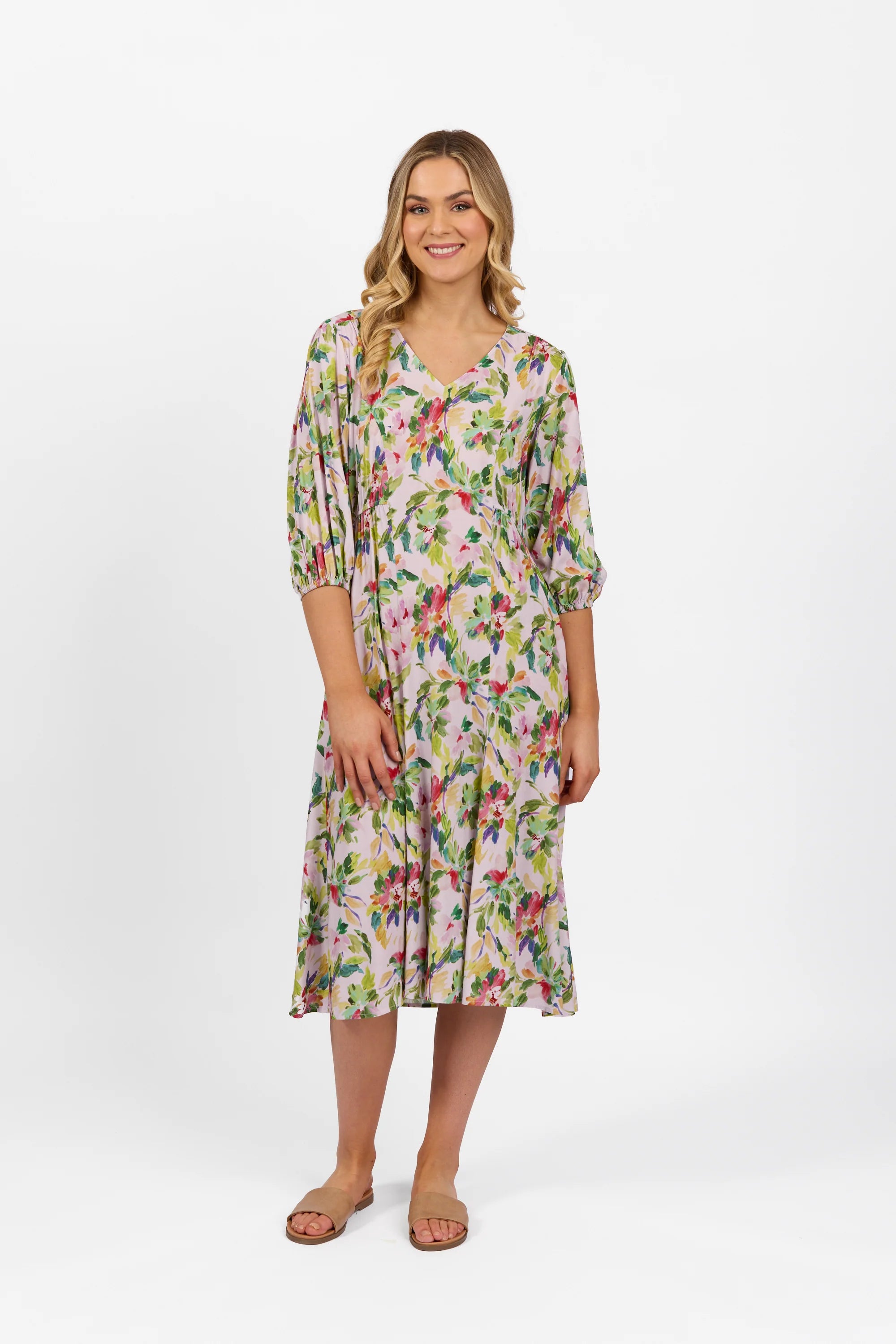 Vassalli V Neck Dress with Elbow Length Sleeve